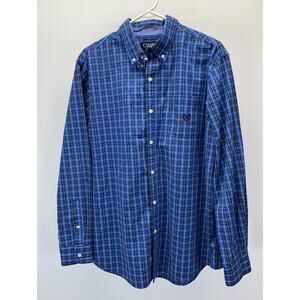 Chaps Men's Easy Care Long Sleeve Button Down Woven Shirt, L, Blue Plaid